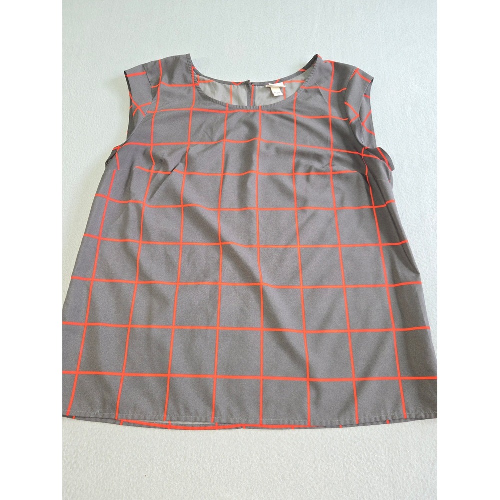 Merona Blouse Womens XL Gray Orange Windowpane Grid Sleeveless Round Neck Top